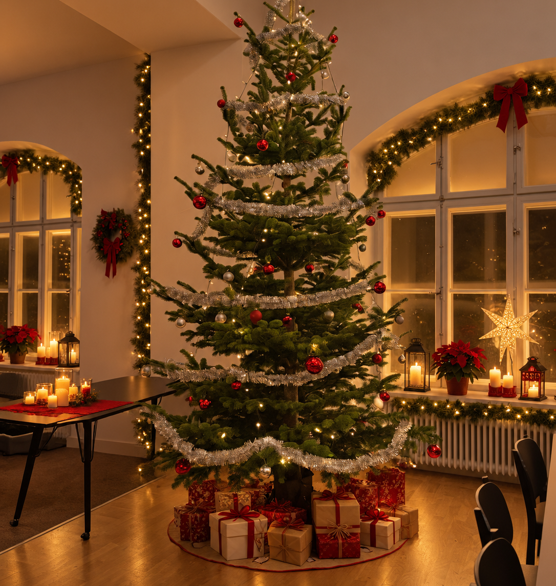 Mysig julstämning med pyntad gran i Stockholm